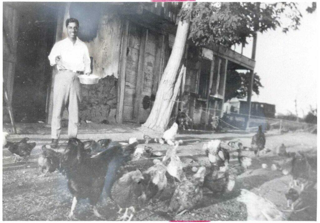 Manuel Liera smiles standing outside the adobe as he feeds his chickens