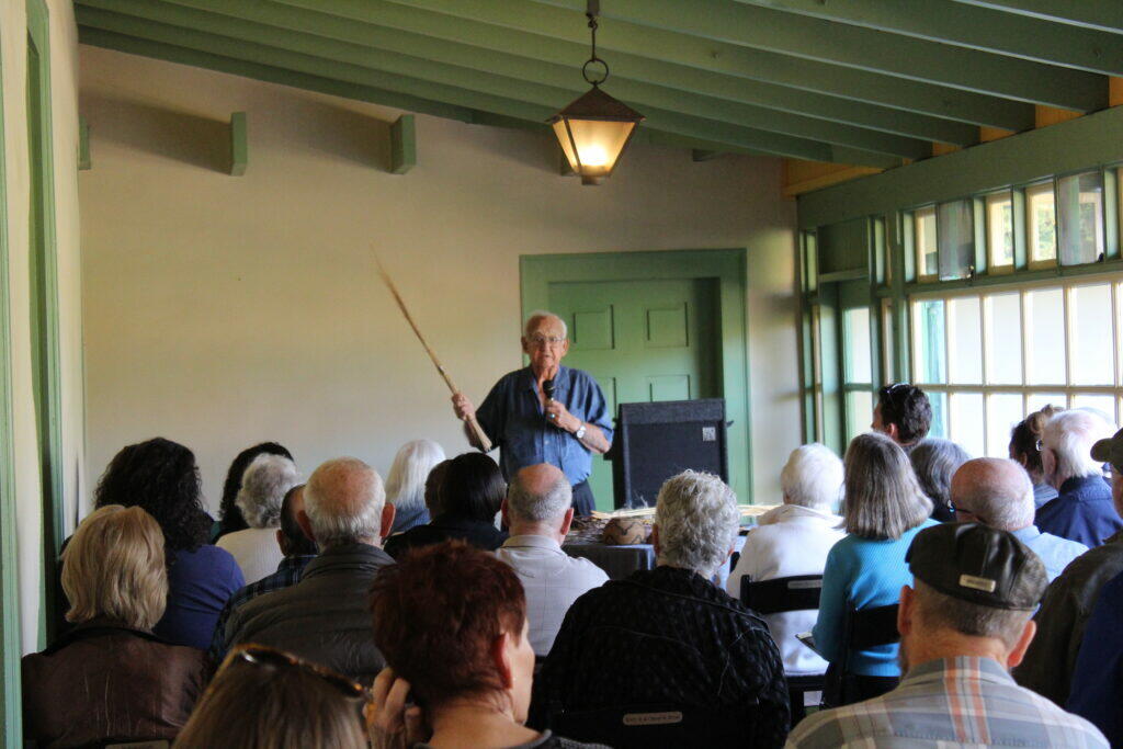 Native American elder Justin Farmer lectures to crowd at Rancho Los Cerritos