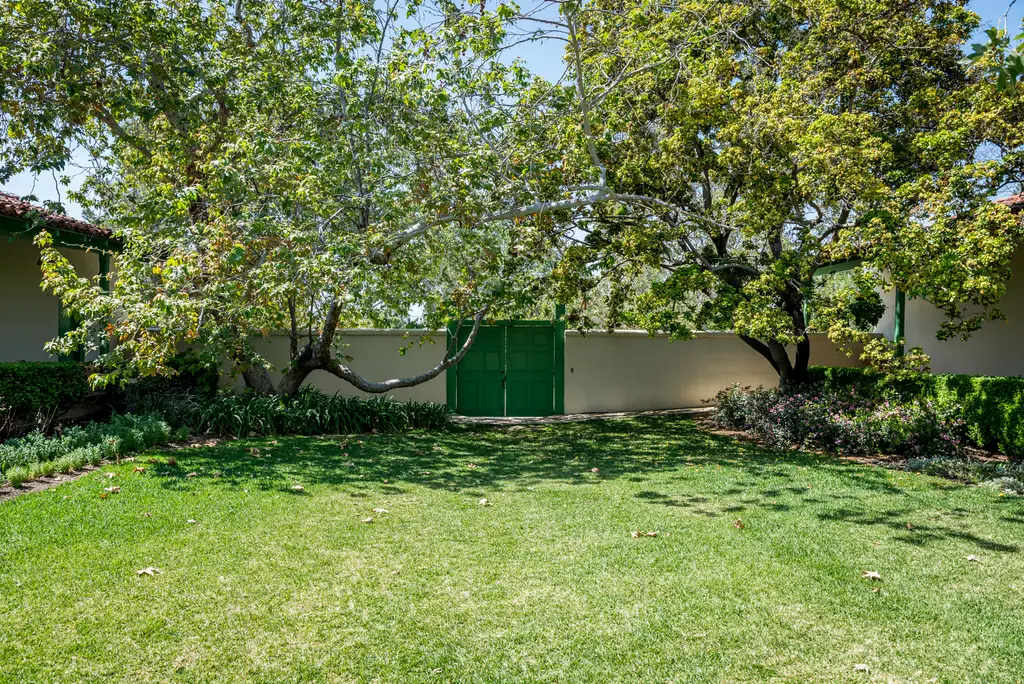 Green gate in a sunny garden landscape.