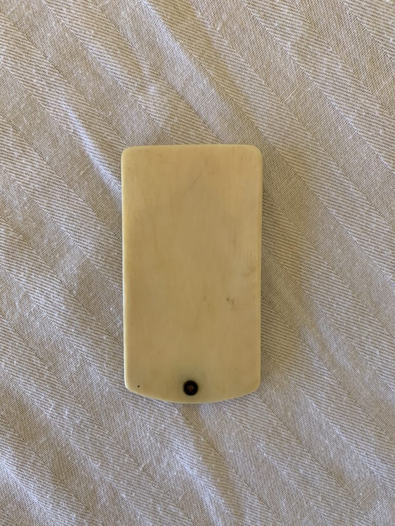 Rectangular ivory card case on patterned fabric.