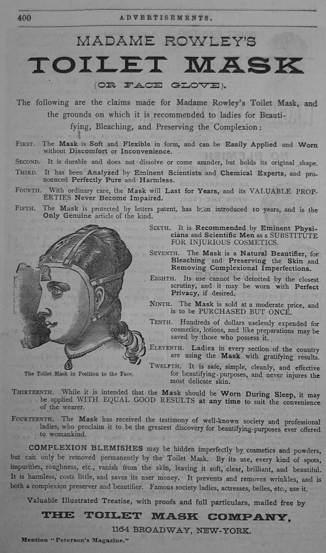 Vintage advertisement for Madame Rowley's Toilet Mask.